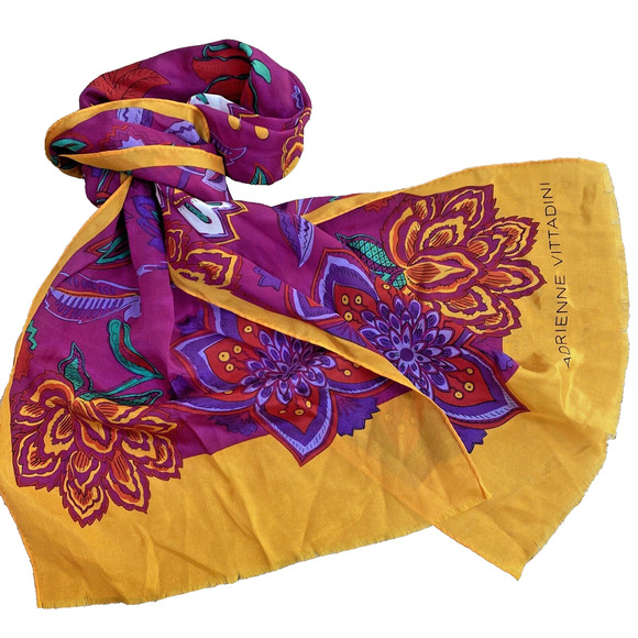 Adrienne Vittadini Silk Scarf Long Rectangle Fringe Ends Mod Flowers Purple Gold - Picture 5 of 7